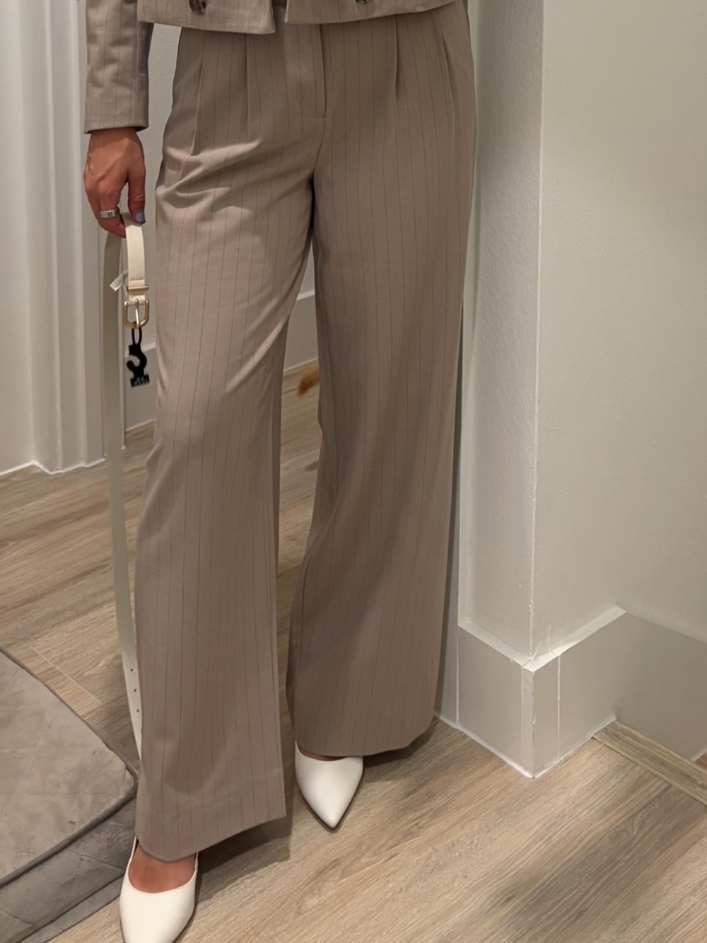 Tailored Wide-Leg Pinstripe Pants in Beige